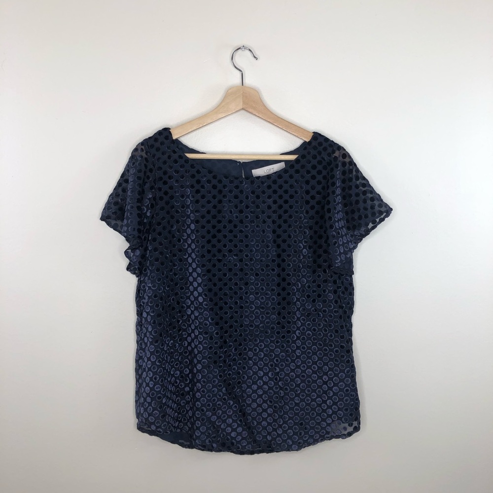 LOFT Navy Blue Short Sleeve Dot-Texture Blouse